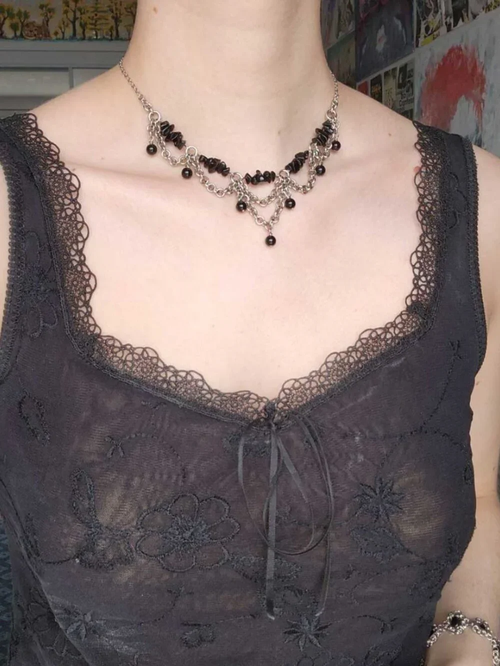 Gothic silver chandelier necklace with black obsidians - Picture 4 of 9